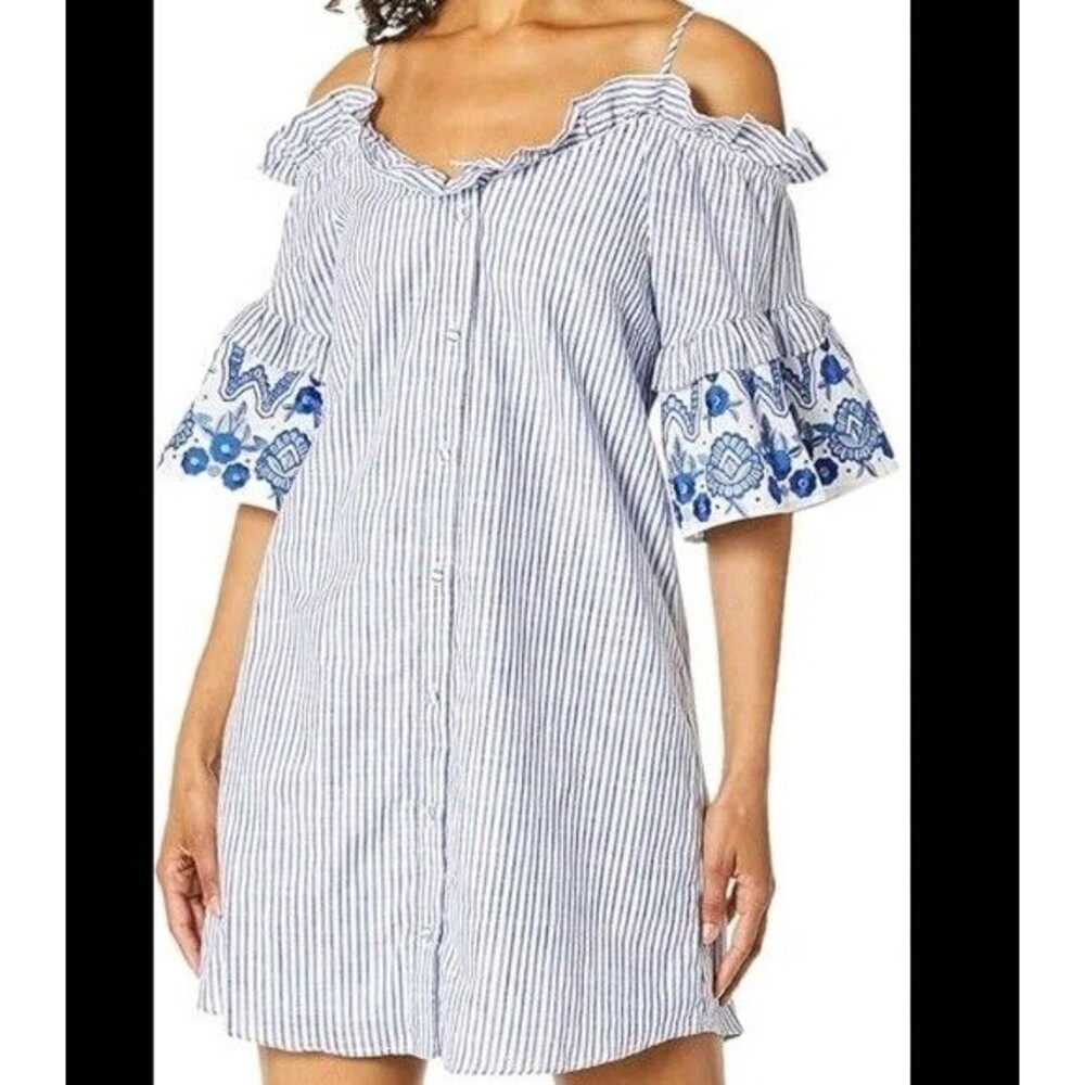 Parker Keegan Dress Size M Button Striped Boho Ruffle Lined Embroidered Sleeve
